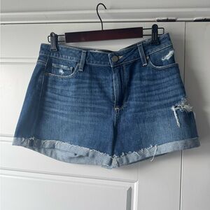 PAIGE Dark Blue Frayed Hem Jean Shorts
